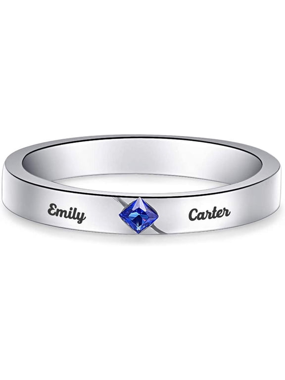 Women's Personalized Simulated Birthstone Name Rings 925 Sterling Silver Customized Wedding Ring Band with 2 Names Jewelry Gift for Mothers