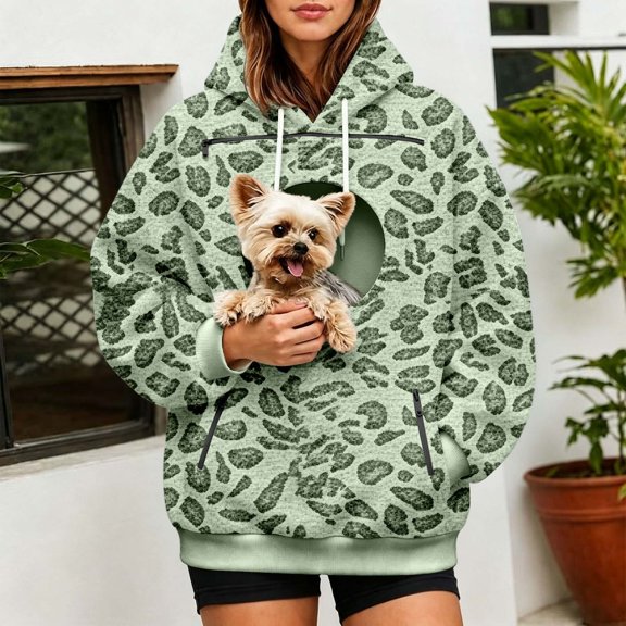 Women's Pet Carrier Hoodie with Circular Carry Opening, Drawstring Hood, Leopard Print and Long Sleeve for Cat Moms Sweatshirt