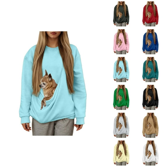 Women's Pet Carrier Sweatshirt 2025 Fall Winter Crewneck Plain Sweatshirt with Puppy Kitten Pocket Pullover Top