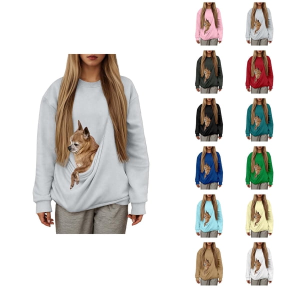 Women's Pet Carrier Sweatshirt 2025 Long Sleeve Solid Color Crewneck Sweatshirt with Puppy Kitten Pocket Pullover Top