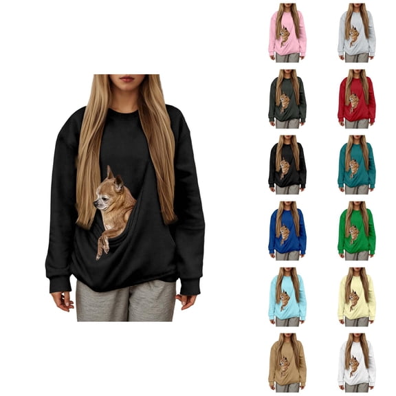 Women's Pet Carrier Sweatshirt 2025 Long Sleeve Solid Color Crewneck Sweatshirt with Puppy Kitten Pocket Pullover Top