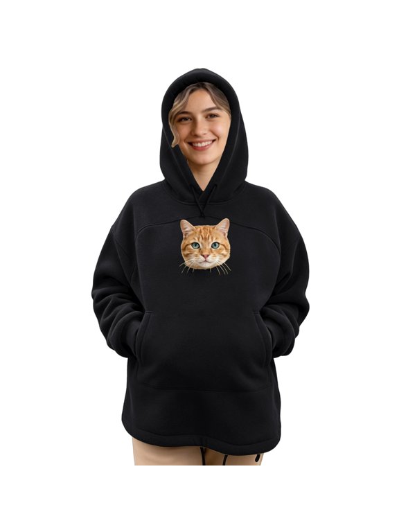Women's Pet Pocket Polyester Hoodie | Oversized Pet Carrier with Hidden Pocket for Small Puppies Cats, Black, L for Fall Winter