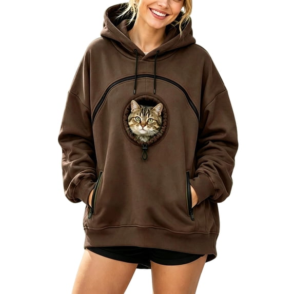 Women's Pet Pouch Hoodie, Kangaroo Carry Sweatshirt with Front Pet Carrier Pocket, Side Zip Drop Shoulder Oversized Hooded Top for Cats & Dogs