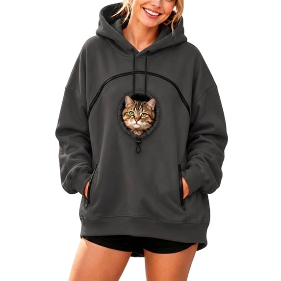 Women's Pet Pouch Hoodie, Kangaroo Carry Sweatshirt with Front Pet Carrier Pocket, Side Zip Drop Shoulder Oversized Hooded Top for Cats & Dogs