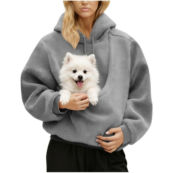 Women's Pet Pouch Hoodie with Kargo Pocket Dog Pouch Sweatshirts Long Sleeve Pets Carrier Pullover Animal Holder Tops (L, Gray-1)