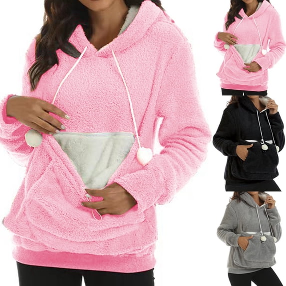 Women's Pet Pouch Hoodies with Cat Bag Plush Pet Carrier Sweatshirt with Cute Puppy Pocket Drawstring Casual Winter Pullover Top L