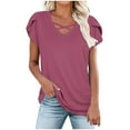 thumbnail image 1 of Women's Petal Short Sleeve Tops Cross V Neck Trendy Summer Tshirts Solid Color Comfy Casual Tunic Top Loose Fit (S, Wine), 1 of 6