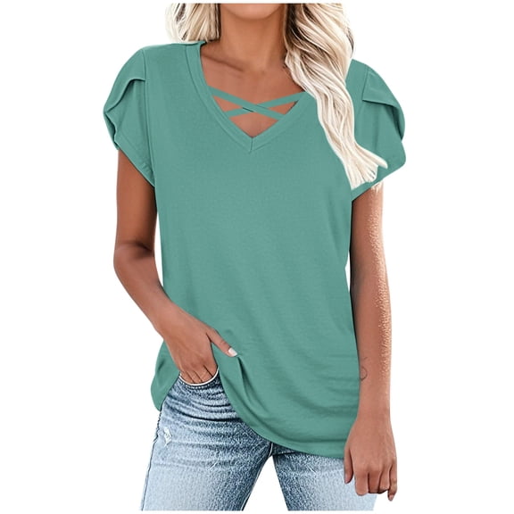 Women’s Petal Sleeve Tops Fashion Crossover Strappy Loose T-Shirt Summer V-Neck Pullover Tee,Blue,S