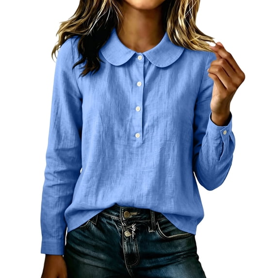 Women's Peter Pan Collar Blouse Button Front Solid Color Long Sleeve Casual Tops Business Casual office Work Daily Wear Shirts for Spring Fall Blue-A