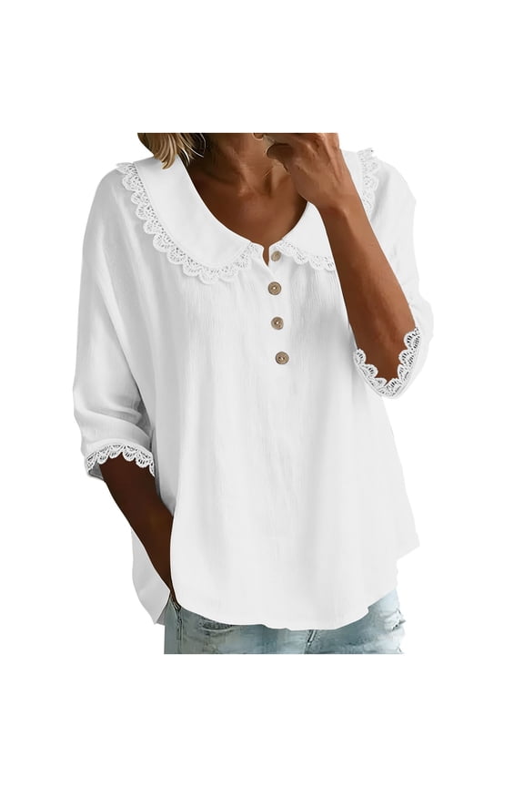 Women's Peter Pan Collar Button Shirts Cute Eyelet Lace Trim Half Sleeve Oversize Blouse Peasant Travel Tops