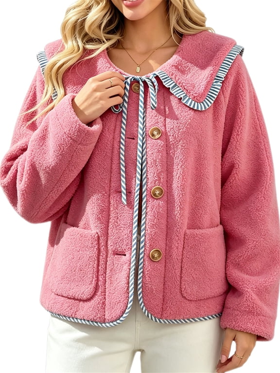 Women’s Peter Pan Collared Fuzzy Jacket Fleece Coat with Striped Trim