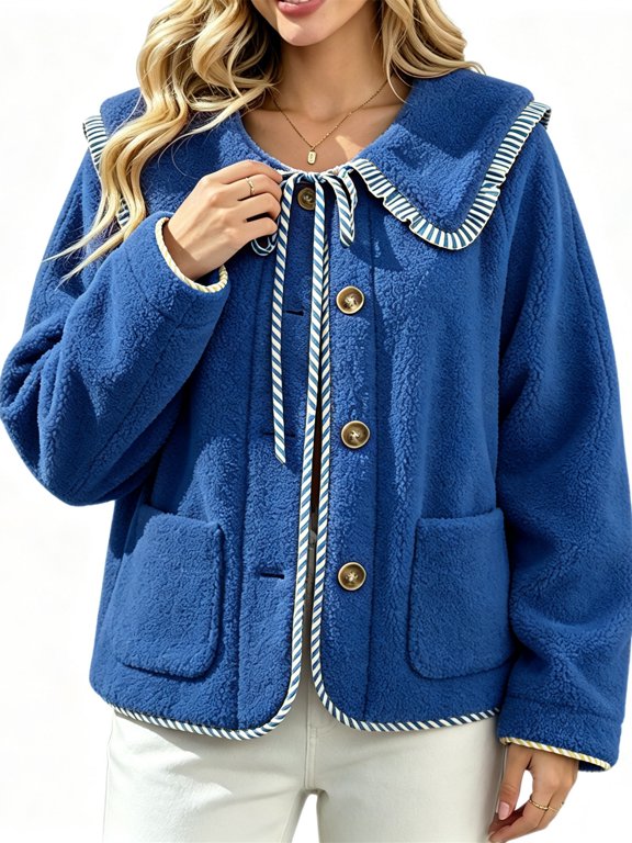 Women’s Peter Pan Collared Fuzzy Jacket Fleece Coat with Striped Trim