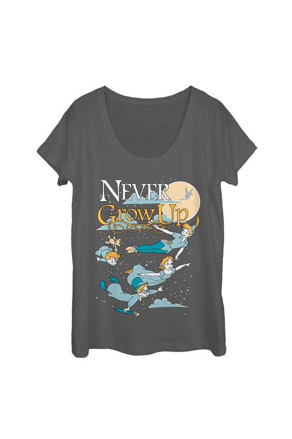 Women's Peter Pan Never Grow Up Scoop Neck Charcoal 2X Large