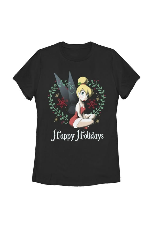 Women's Peter Pan Peter Pan Tinker Bell Happy Holidays  Graphic Tee Black 2X Large