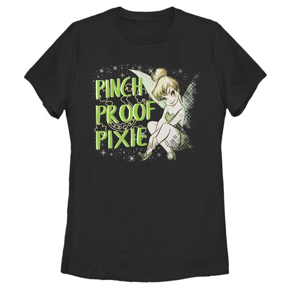 Women's Peter Pan St. Patrick's Day Tinkerbell Pinch Proof Pixie Graphic Tee Black Small