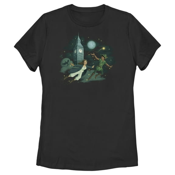 Women's Peter Pan & Wendy Animated Flying Scene  Graphic Tee Black Large