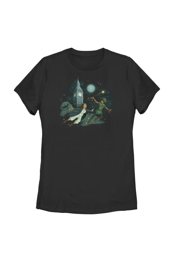 Women's Peter Pan & Wendy Animated Flying Scene Graphic Tee Black Medium