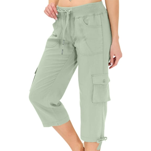 Women's Petite Athletic Straight Leg Pants With Pockets and Drawstring Cargo Outdoor Hiking Comfort Fit