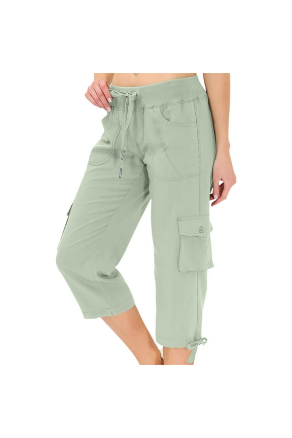 Women's Petite Athletic Straight Leg Pants With Pockets and Drawstring Cargo Outdoor Hiking Comfort Fit