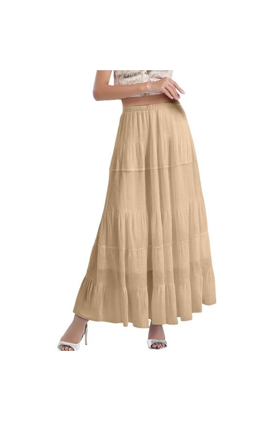 Women's Petite Chiffon White Flowy Maxi Skirts Boho Summer Elastic Waisted Pleated A Line Long Skirt