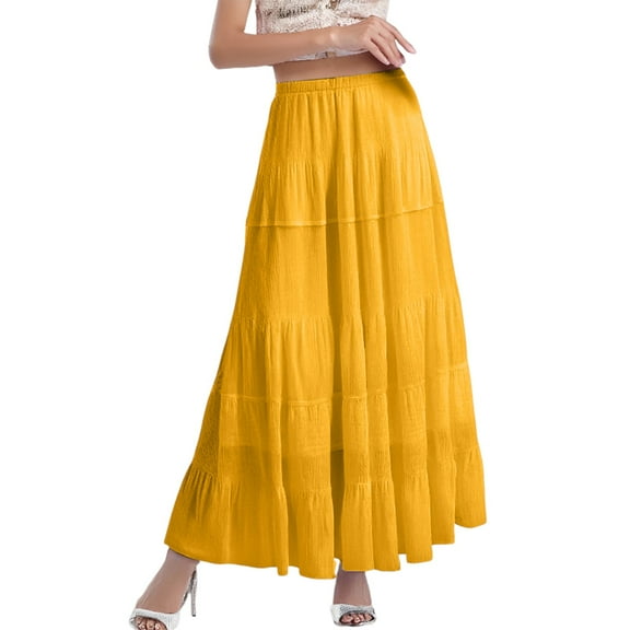 Women's Petite Chiffon White Flowy Maxi Skirts Boho Summer Elastic Waisted Pleated A Line Long Skirt