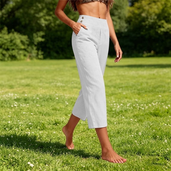 Women's Petite Cotton Linen Pants – 2026 Summer Lightweight High Waisted Straight Leg Trousers
