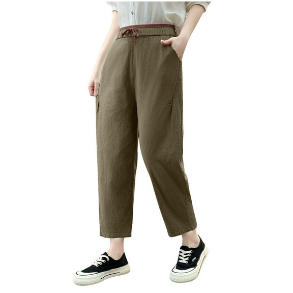 Women's Petite Cotton Linen Pants with Pockets for Summer Straight Slacks Clothes Bottoms Joggers Trouser Sweatpants