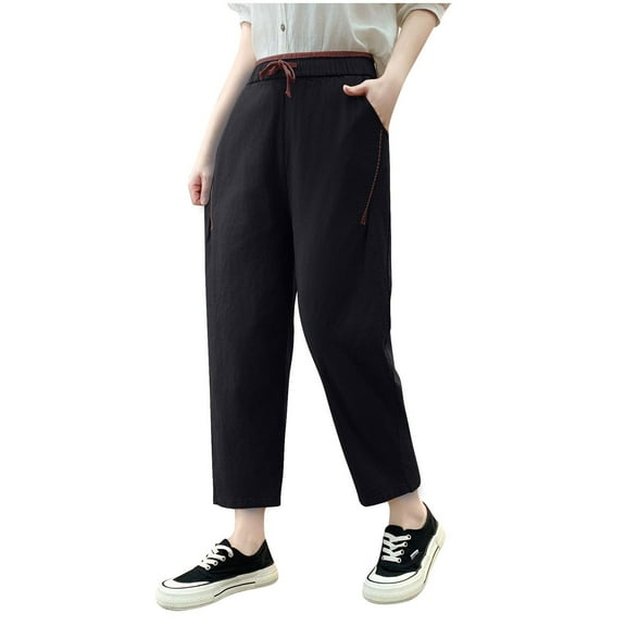 Women's Petite Cotton Linen Pants with Pockets for Summer Straight Slacks Clothes Bottoms Joggers Trouser Sweatpants