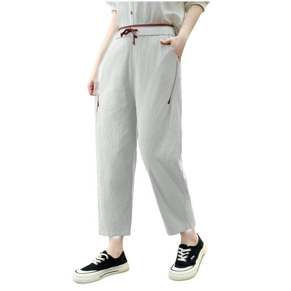 Women's Petite Cotton Linen Pants with Pockets for Summer Straight Slacks Clothes Bottoms Joggers Trouser Sweatpants
