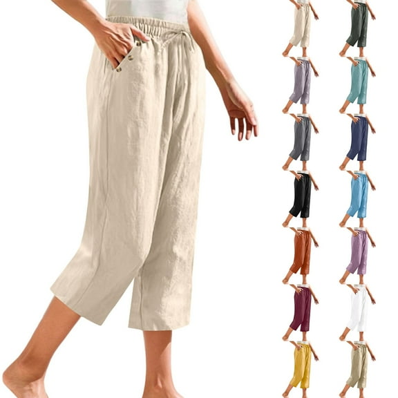 Women's Petite Cropped Linen Pants Straight Leg Summer Trousers with Button Closure Pockets for Casual Style