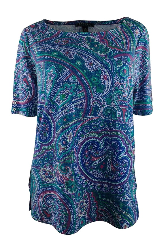 Women's Petite Elbow-Sleeve Paisley-Print Blouse Shirt Tops-BM-PXS