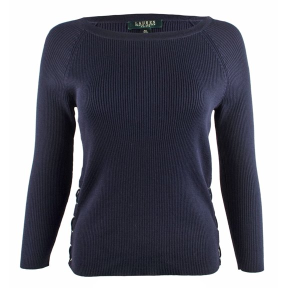 Women's Petite Lace Up Sides Ribbed Sweater-CN-PS