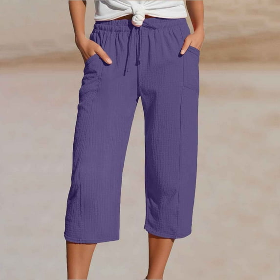 Women's Petite Linen Pants with Pockets for Summer Work Pant Casual Beach Casual Loose Seven Pantsuit with Pockets