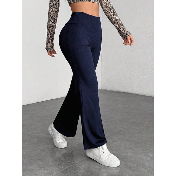 Women's Petite Navy Blue Textured Knit Flare Sweatpants