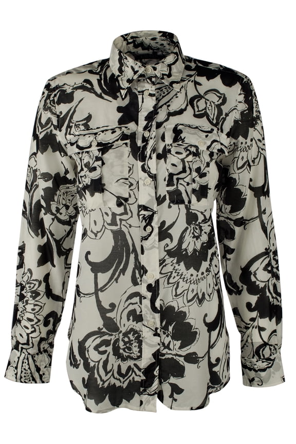 Women's Petite Paisley Print Button Down Shirt-PB-PS