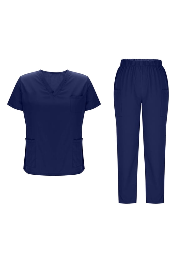 Women's Petite Scrub Set Short Sleeve V-Neck Top & Straight Leg Cargo Pants Lightweight Medical Uniform Outfits