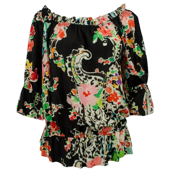 Women's Petite Shirred Ruffle On/Off Shoulder Ruffle Top-B-PL