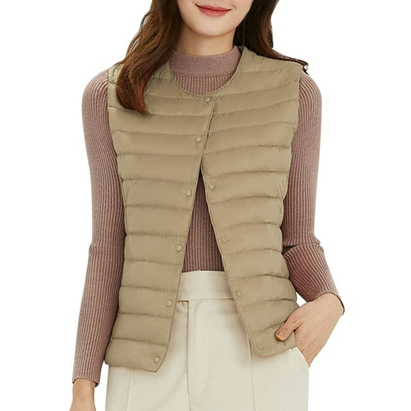 Women's Petite Short Down Vest Light Packable Round Collar V Neck Vest