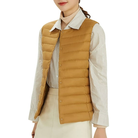 Women's Petite Short Down Vest Light Packable Round Collar V Neck Vest