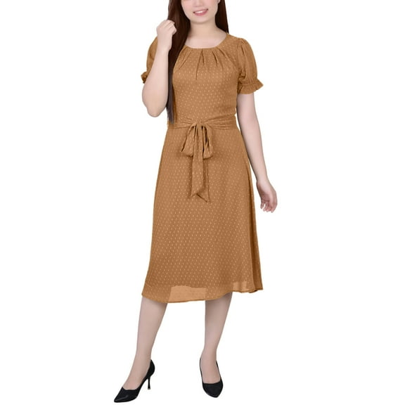 Women's Petite Short Sleeve Belted Swiss Dot Party Dress