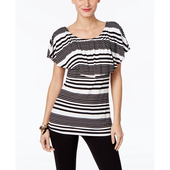 Women's Petite Striped Flounce Top (Deep Black, PM)