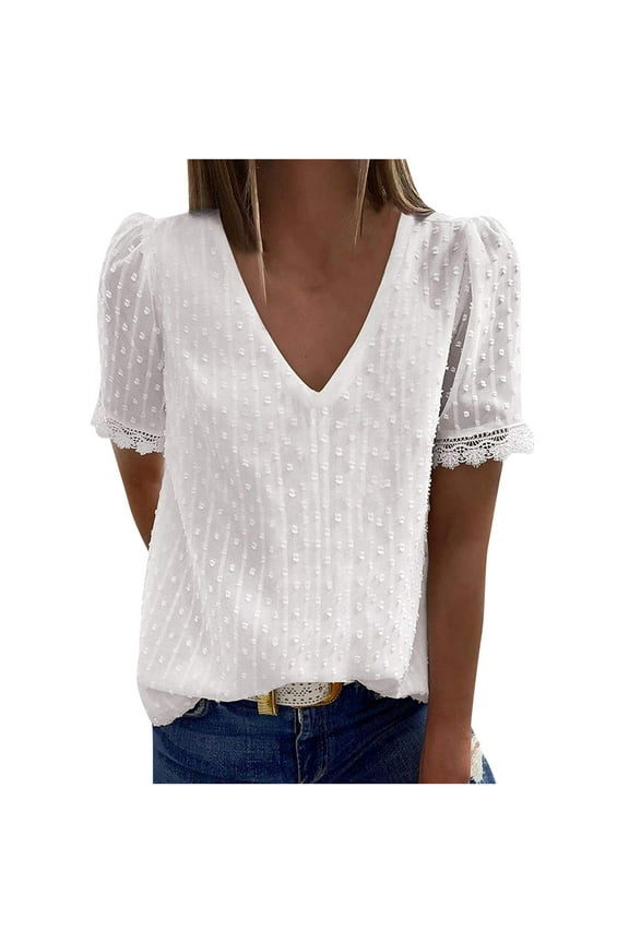 Women's Petite Tops Fashion Swiss Dot V-Neck Blouse Short Sleeve Shirt Summer Casual Date T Shirts for Women