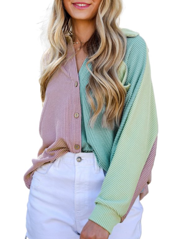 Women's Phalaenopsis Color Block Corded Buttoned Oversized Shacket - [ZhiHiMeRi] | (US 12-14)L