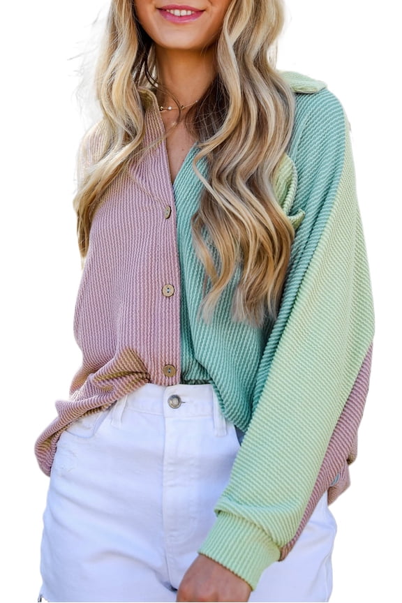 Women's Phalaenopsis Color Block Corded Buttoned Oversized Shacket - [ZhiHiMeRi] | (US 12-14)L