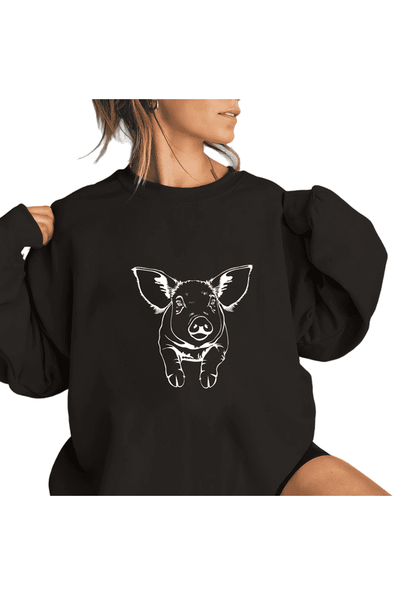 Black Print Sweatshirt Graphic Cute Pig Design Farm Animal Theme Casual Daily Shirts Stylish Comfortable Apparel Tops S-3XL
