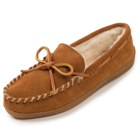 Minnetonka Women's Hardsole Pile Lined Slipper, Brown Wide Size 10