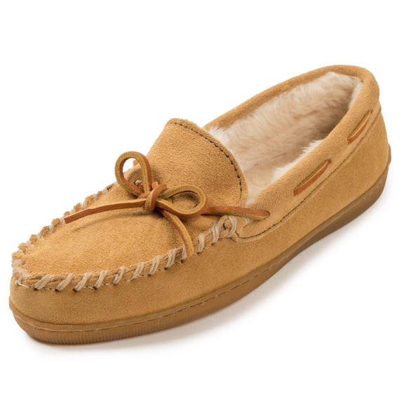 Minnetonka Women’s Hardsole Tan Pile-Lined Moccasin Slippers 6 W