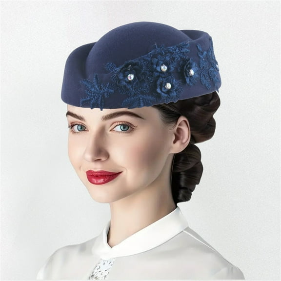 Women's Pillbox Hat with 3D Flower Applique, Elegant Church Dress Hat for Women, Tea Party Fascinator Cap, Classic Short Brim Dress Hat for Weddings and Special Occasions - Navy