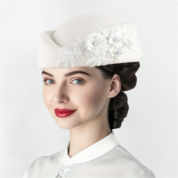 Women's Pillbox Hat with 3D Flower Applique, Elegant Church Dress Hat for Women, Tea Party Fascinator Cap, Classic Short Brim Dress Hat for Weddings and Special Occasions - White