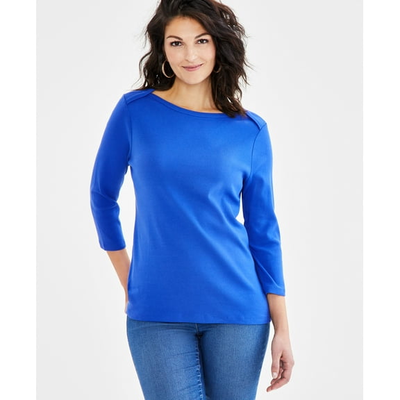 Women's Pima Cotton 3/4-Sleeve Boat-Neck Top, Regular & Petite Elegant Sapphire PP/PXS